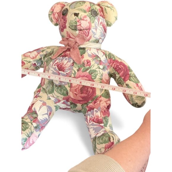 Floral Upholstered Teddy Bear With Pink Bow 15" Handmade Decorative Plush Keepsa - Picture 2 of 6